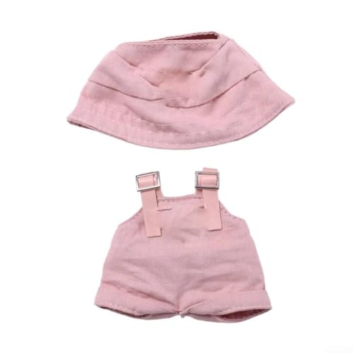 Hut- und Overall-Set für Labubu – 12 x 12 cm verstellbare Puppenkleidung für 17 cm große Figuren – 4 Farboptionen (blau/rosa/braun/schwarz) – Premium-Stoff-Sammler-Outfit mit stilvollem Design (Rosa) von VRTYVEYBB