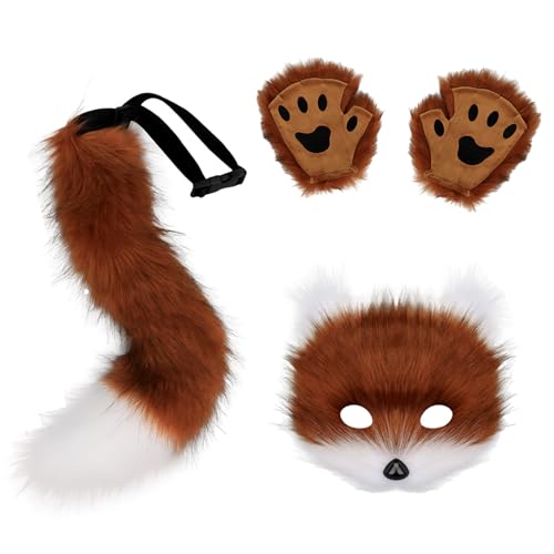 VSFJZJKJ Mask Fox Done Furry, Rollenspiel Requisite Zubehör, Geeignet Für Party Outfits, Kunstpelz Fuchsschwanz Plüsch Maske Handschuhe von VSFJZJKJ