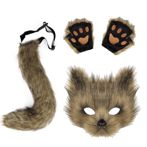 VSFJZJKJ Mask Fox Done Furry, Rollenspiel Requisite Zubehör, Geeignet Für Party Outfits, Kunstpelz Fuchsschwanz Plüsch Maske Handschuhe von VSFJZJKJ