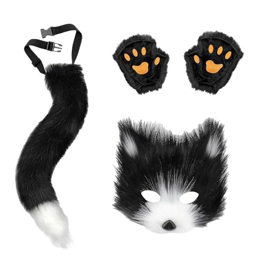 VSFJZJKJ Mask Fox Done Furry, Rollenspiel Requisite Zubehör, Geeignet Für Party Outfits, Kunstpelz Fuchsschwanz Plüsch Maske Handschuhe von VSFJZJKJ