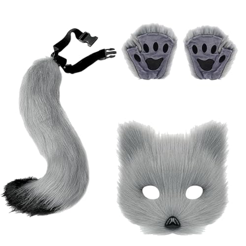 VSFJZJKJ Mask Fox Done Furry, Rollenspiel Requisite Zubehör, Geeignet Für Party Outfits, Kunstpelz Fuchsschwanz Plüsch Maske Handschuhe von VSFJZJKJ