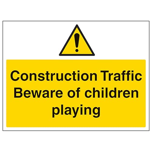 V Safety Construction Traffic Beware Of Children – Großes Querformat 400 x 300 mm – leuchtet im Dunkeln, selbstklebendes Vinyl-Sicherheitsschild von VSafety