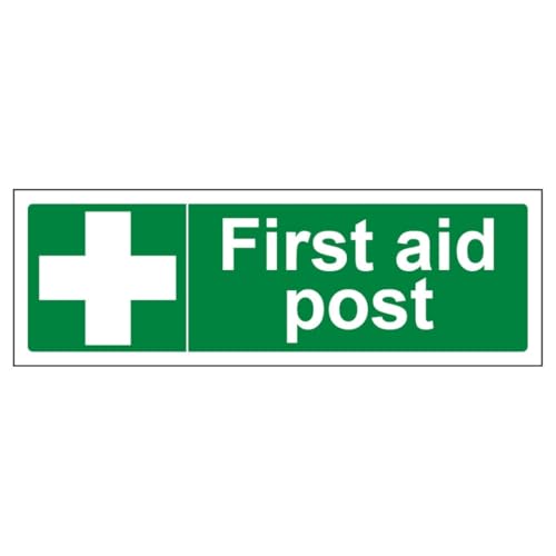 V Safety First Aid Post – Querformat 300 x 100 mm – selbstklebendes Vinyl – Sicherheitsschild mit Aluminiumeffekt von VSafety