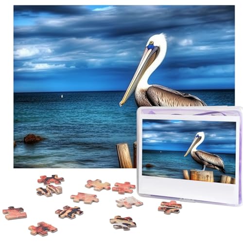 Pelican Bird Blue Sea Puzzles, 500 Teile, personalisiertes Puzzle mit Aufbewahrungstasche, Foto-Puzzle für Fotos, anspruchsvolles Bilderpuzzle für Familie, Heimdekoration, Puzzle (51,8 x 38,1 cm) von VTCTOASY