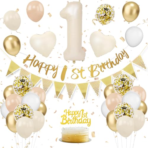 1. Geburtstag Deko Beige, Luftballon Deko 1. Geburtstag Junge Mädchen, Geburtstagsdeko 1 Jahr, Beige Weiß Gold Luftballons 1 Geburtstag mit Banner Geburtstag Tortendeko für Geburtstag Dekoration von VUCDXOP