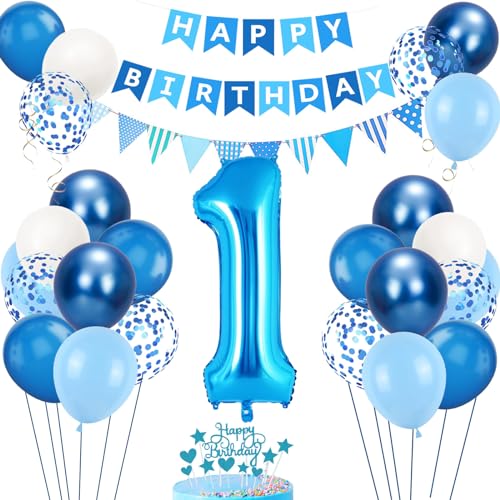1. Geburtstag Deko Blau, Luftballon 1. Blaue, Geburtstagsdeko 1 Jahr, Junge 1 jahre Luftballon deko Blau, Zahl 1 Helium Luftballons Tortendeko Blau Weiß Ballons für Geburtstag Party Deko von VUCDXOP