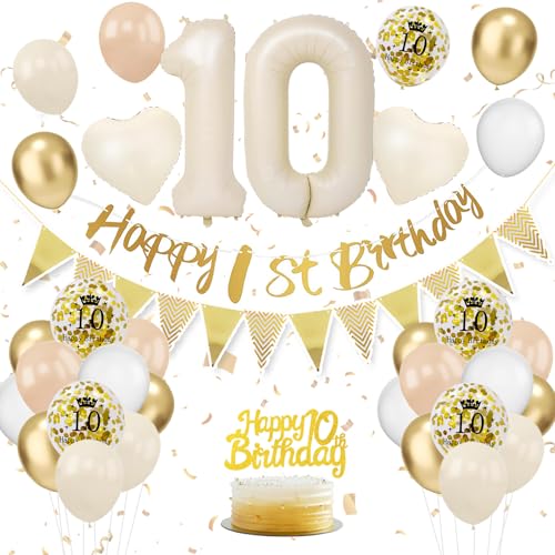 10. Geburtstag Deko Beige - Luftballon Deko für Junge Mädchen, Beige Weiß Gold Luftballons mit Banner und Tortendeko für Dekoration von VUCDXOP