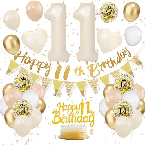 11. Geburtstag Deko Beige, Luftballon Deko 11. Geburtstag Junge Mädchen, Geburtstagsdeko 11 Jahr, Beige Weiß Gold Luftballons 11 Geburtstag mit Banner Geburtstag Tortendeko für Geburtstag Dekoration von VUCDXOP