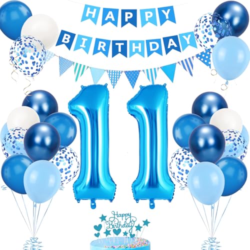 11. Geburtstag Deko Blau - Luftballon, Tortendeko, Zahl 11 Luftballons für Mädchen - Party Dekoration in Blau Weiß von VUCDXOP
