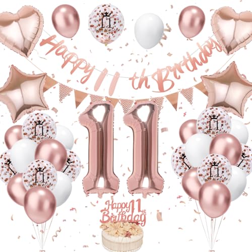 11. Geburtstag Deko Roségold - Luftballon Deko für Junge Mädchen, Weiß Luftballons mit Banner und Tortendeko für Dekoration von VUCDXOP