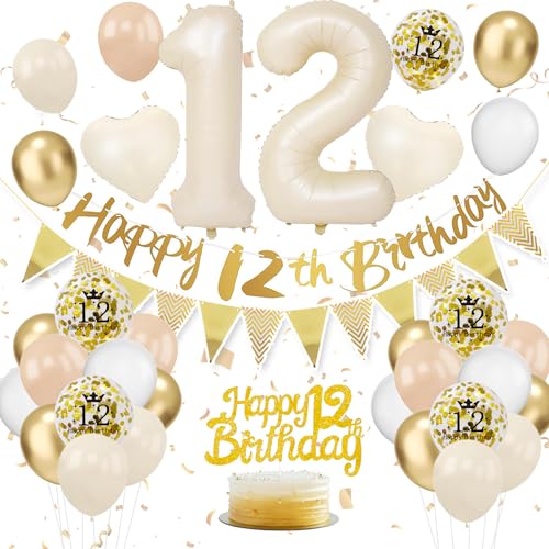 12. Geburtstag Deko Beige - Luftballon Deko für Junge Mädchen, Beige Weiß Gold Luftballons mit Banner und Tortendeko für Geburtstagsdekoration von VUCDXOP