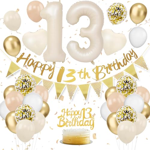 13. Geburtstag Deko Beige, Luftballon Deko 13. Geburtstag Junge Mädchen, Geburtstagsdeko 13 Jahr, Beige Weiß Gold Luftballons 13 Geburtstag mit Banner Geburtstag Tortendeko für Geburtstag Dekoration von VUCDXOP