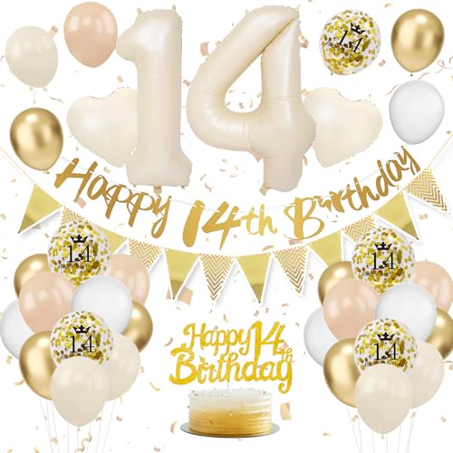 14. Geburtstag Deko Beige, Luftballon Deko 14. Geburtstag Junge Mädchen, Geburtstagsdeko 14 Jahr, Beige Weiß Gold Luftballons 14 Geburtstag mit Banner Geburtstag Tortendeko für Geburtstag Dekoration von VUCDXOP