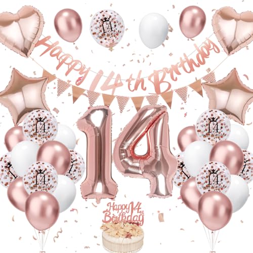 14. Geburtstag Deko Roségold, Luftballon Deko 14. Geburtstag Junge Mädchen, Geburtstagsdeko 14 Jahr, Roségold Weiß Luftballons 14 Geburtstag mit Banner Geburtstag Tortendeko für Geburtstag Dekoration von VUCDXOP