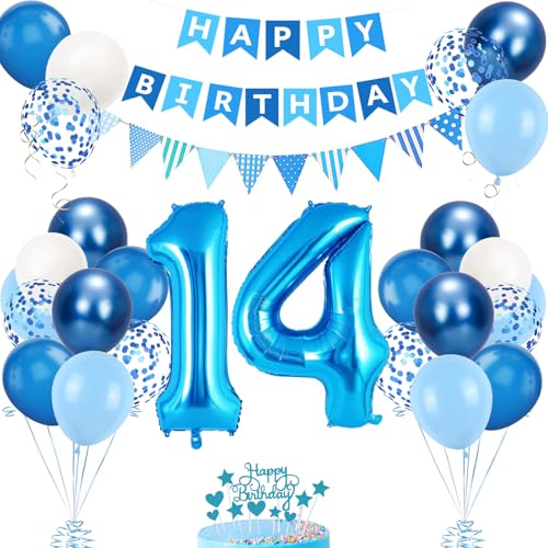 14. Geburtstag Deko Blau - Luftballon, Tortendeko, Zahl 14 Ballons für Mädchen 41 Jahre - Party Dekoration in Blau Weiß von VUCDXOP