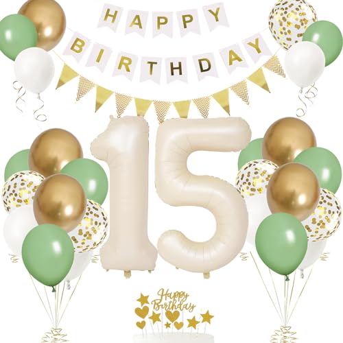 15. Geburtstag Deko Beige, Luftballon 15. Creme , Weiß Creme Folienballon 15 , Mädchen 15 jahre Luftballon deko Sandweiß , Zahl 15 Helium Luftballons Salbeigrün Weiß Ballons für Geburtstag Party Deko von VUCDXOP
