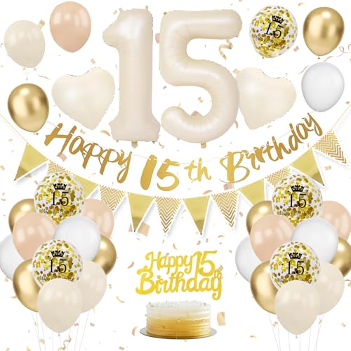 15. Geburtstag Deko Beige - Luftballon Set für Damen und Frauen - Beige Weiß Gold Ballons mit Banner und Tortendeko für Festliche Dekoration von VUCDXOP