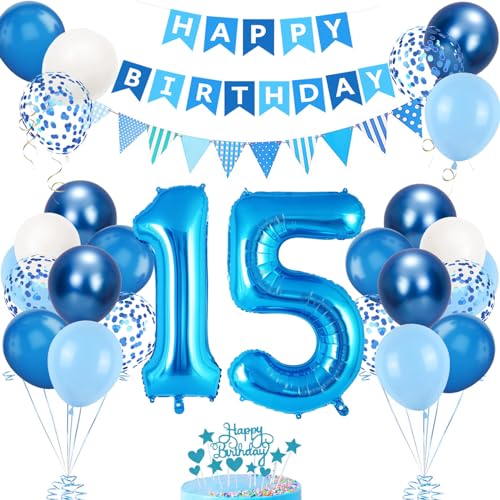 15. Geburtstag Deko Blau, Luftballon 15. Blaue, Geburtstagsdeko 15 Jahr, Junge 51 jahre Luftballon deko Blau, Zahl 15 Helium Luftballons Tortendeko Blau Weiß Ballons für Geburtstag Party Deko von VUCDXOP