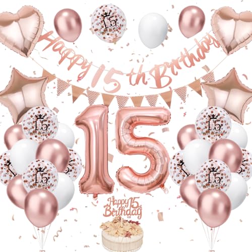 15. Geburtstag Deko Roségold - Luftballon Deko für Damen und Frauen - Weiße Luftballons mit Banner und Tortendeko für Geburtstagsdekoration von VUCDXOP