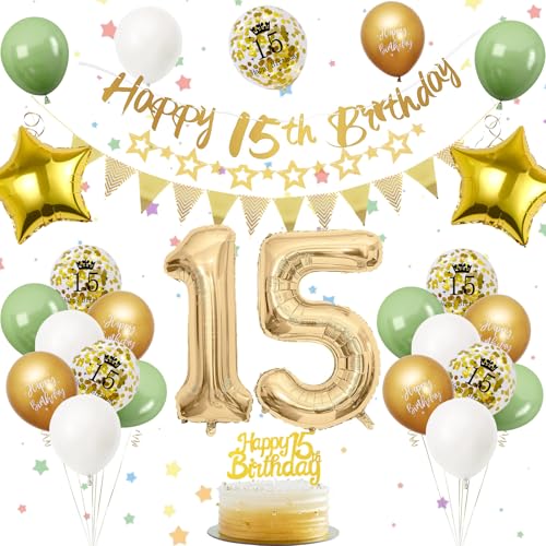 15. Geburtstag Deko Salbeigrüne, Luftballon Deko 15. Geburtstag Frau Mann, Geburtstagsdeko 15 Jahr, Gold Folienballon 15, Grün Weiß Gold Luftballons 15 Jahr mit Banner Tortendeko für Party Dekoration 15. Geburtstag Deko Salbeigrüne, Luftballon Deko 15. Geburtstag Frau Mann, Geburtstagsdeko 15 Jahr, Gold Folienballon 15, Grün Weiß Gold Luftballons 15 Jahr mit Banner Tortendeko für Party Dekoration von VUCDXOP