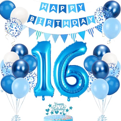 16. Geburtstag Deko Blau, Luftballon 16. Blaue, Geburtstagsdeko 61 Jahr, Junge 61 jahre Luftballon deko Blau, Zahl 16 Helium Luftballons Tortendeko Blau Weiß Ballons für Geburtstag Party Deko von VUCDXOP