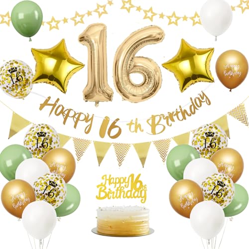 16. Geburtstag Deko Salbeigrüne, Luftballon Deko 16. Geburtstag Frau Mann, Geburtstagsdeko 16 Jahr, Gold Folienballon 16, Grün Weiß Gold Luftballons 16 Jahr mit Banner Tortendeko für Party Dekoration 16. Geburtstag Deko Salbeigrüne, Luftballon Deko 16. Geburtstag Frau Mann, Geburtstagsdeko 16 Jahr, Gold Folienballon 16, Grün Weiß Gold Luftballons 16 Jahr mit Banner Tortendeko für Party Dekoration von VUCDXOP