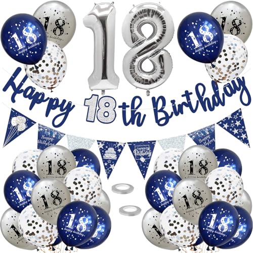 18 Geburtstag Deko, Luftballons 18 Geburtstag Dekoration Set, 18 Jahr Geburtstagdeko, Happy Birthday Girlande Konfetti Luftballons Nacht Blau Silber Deko,Frauen Mann 18 Geburtstag Party Deko Supplies von VUCDXOP