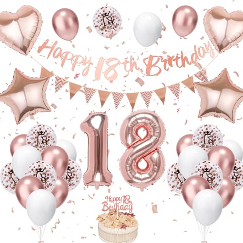 18. Geburtstag Deko Roségold - Luftballon Deko für Damen und Frauen - Weiße Luftballons mit Banner und Tortendeko für Dekoration von VUCDXOP