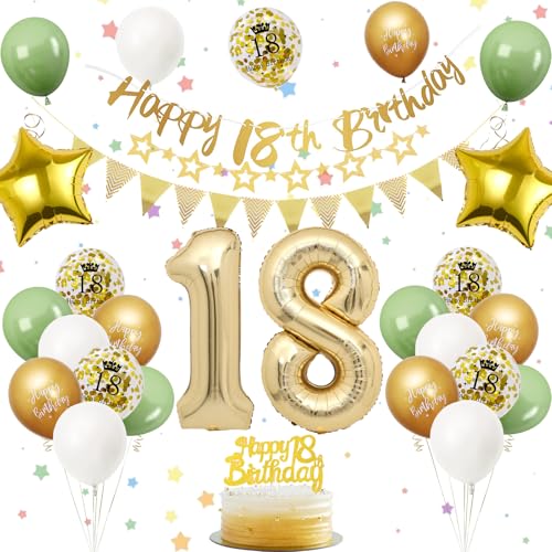 18. Geburtstag Deko Salbeigrüne, Luftballon Deko 18. Geburtstag Frau Mann, Geburtstagsdeko 18 Jahr, Gold Folienballon 18, Grün Weiß Gold Luftballons 18 Jahr mit Banner Tortendeko für Party Dekoration von VUCDXOP