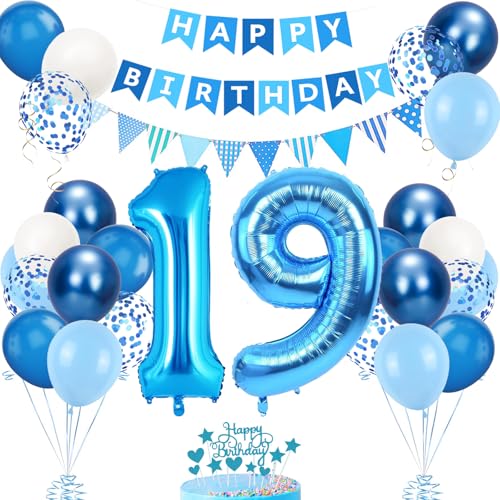 19. Geburtstag Deko Blau, Luftballon 19. Geburtstag, Geburtstagsdeko 19 Jahr, Mädchen 19 jahre Geburtstag deko, Zahl 19 Luftballons Tortendeko Blau Weiß Ballons für Geburtstag Party Deko von VUCDXOP