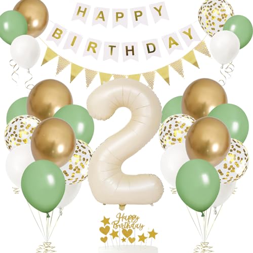 2. Geburtstag Deko Beige, Luftballon 2. Creme , Weiß Creme Folienballon 2 , Mädchen 2 jahre Luftballon deko Sandweiß , Zahl 2 Helium Luftballons Salbeigrün Weiß Ballons für Geburtstag Party Deko von VUCDXOP