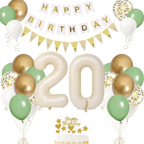 20. Geburtstag Deko Beige, Luftballon 20. Creme, Weiß Creme Folienballon 20, Mädchen 20 jahre Luftballon deko Sandweiß, Zahl 20 Helium Luftballons Salbeigrün Weiß Ballons für Geburtstag Party Deko von VUCDXOP