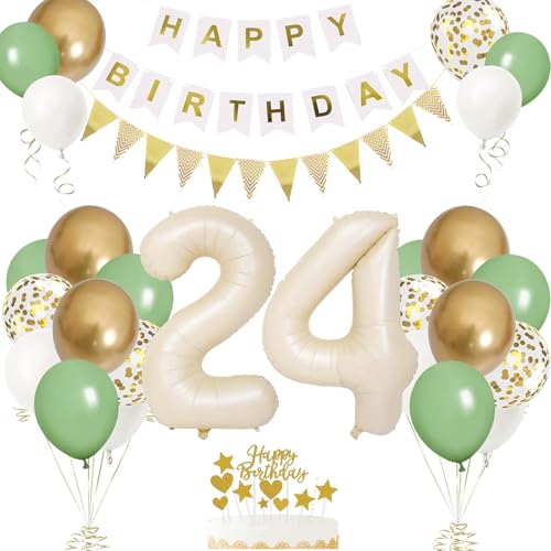 24. Geburtstag Deko Beige, Luftballon 24. Creme , Weiß Creme Folienballon 24 , Mädchen 24 jahre Luftballon deko Sandweiß , Zahl 24 Helium Luftballons Salbeigrün Weiß Ballons für Geburtstag Party Deko von VUCDXOP