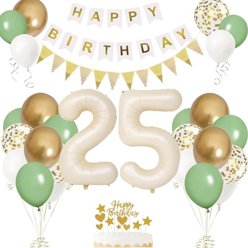25. Geburtstag Deko Beige, Luftballon 25. Creme , Weiß Creme Folienballon 25 , Mädchen 25 jahre Luftballon deko Sandweiß , Zahl 25 Helium Luftballons Salbeigrün Weiß Ballons für Geburtstag Party Deko von VUCDXOP
