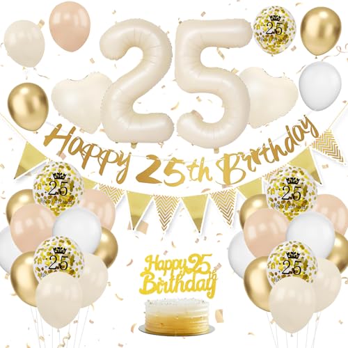 25. Geburtstag Deko Beige, Luftballon Deko 25. Geburtstag Damen Frauen, Geburtstagsdeko 25 Jahr, Beige Weiß Gold Luftballons 25 Geburtstag mit Banner Geburtstag Tortendeko für Geburtstag Dekoration von VUCDXOP