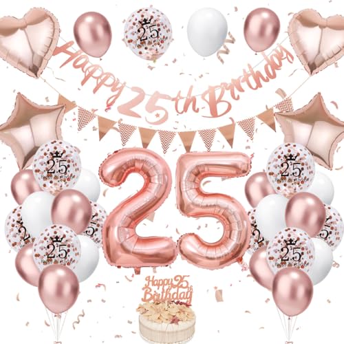 25. Geburtstag Deko Roségold, Luftballon Deko 25. Geburtstag Damen Frauen, Geburtstagsdeko 25 Jahr, Roségold Weiß Luftballons 25 Geburtstag mit Banner Geburtstag Tortendeko für Geburtstag Dekoration von VUCDXOP