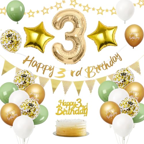 3. Geburtstag Deko Salbeigrüne, Luftballon Deko 3. Geburtstag Frau Mann, Geburtstagsdeko 3 Jahr, Gold Folienballon 3, Grün Weiß Gold Luftballons 3 Jahr mit Banner Tortendeko für Party Dekoration von VUCDXOP