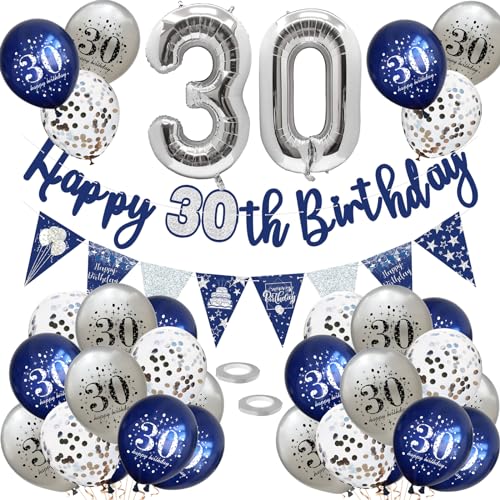 30. Geburtstag Dekoration Set - Luftballons, Happy Birthday Girlande, Konfetti - Nacht Blau Silber Deko für Frauen und Männer - Party Supplies von VUCDXOP