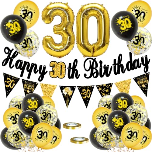 30 Geburtstag Dekoration Set - Luftballons, Happy Birthday Girlande, Konfetti, Schwarz Gold Deko - Party Supplies für Frauen und Männer von VUCDXOP