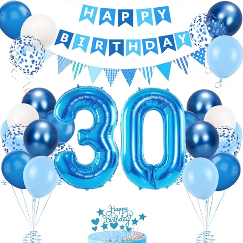 30. Geburtstag Deko Blau, Luftballon 30. Blaue, Geburtstagsdeko 30 Jahr, Junge 30 jahre Luftballon deko Blau, Zahl 30 Helium Luftballons Tortendeko Blau Weiß Ballons für Geburtstag Party Deko von VUCDXOP