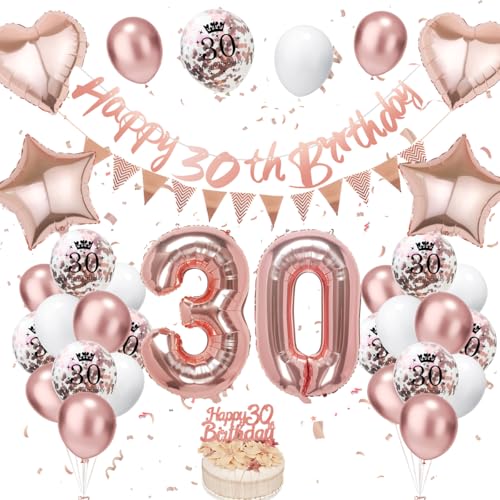 30. Geburtstag Deko Roségold, Luftballon Deko 30. Geburtstag Damen Frauen, Geburtstagsdeko 30 Jahr, Roségold Weiß Luftballons 30 Geburtstag mit Banner Geburtstag Tortendeko für Geburtstag Dekoration von VUCDXOP