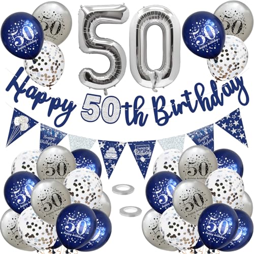 VUCDXOP 50 Geburtstag Deko Luftballons Dekoration Set Jahr Geburtstagdeko Happy Birthday Girlande Konfetti Nacht Blau Silber, Frauen Mann Party Supplies Zahl 50 von VUCDXOP