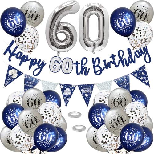 60. Geburtstag Dekoration Set - Luftballons, Happy Birthday Girlande, Konfetti, Nacht Blau Silber - Party Deko Supplies für Frauen und Männer von VUCDXOP