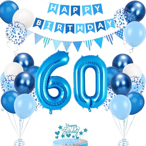 60. Geburtstag Deko Blau, Luftballon 60. Blaue, Geburtstagsdeko 60 Jahr, Junge 60 jahre Luftballon deko Blau, Zahl 60 Helium Luftballons Tortendeko Blau Weiß Ballons für Geburtstag Party Deko von VUCDXOP
