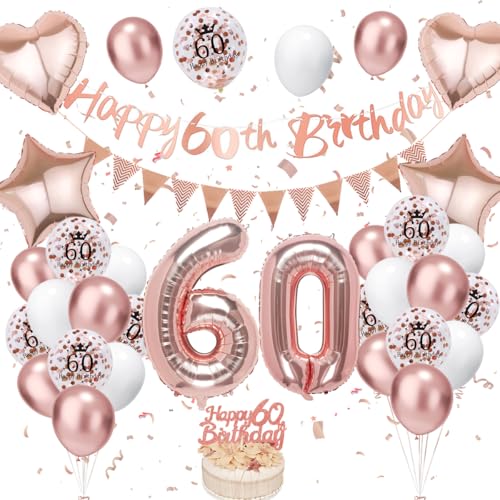 60. Geburtstag Deko Roségold - Luftballon Deko für Damen und Frauen - Roségold Weiß Luftballons mit Banner und Tortendeko für Dekoration von VUCDXOP