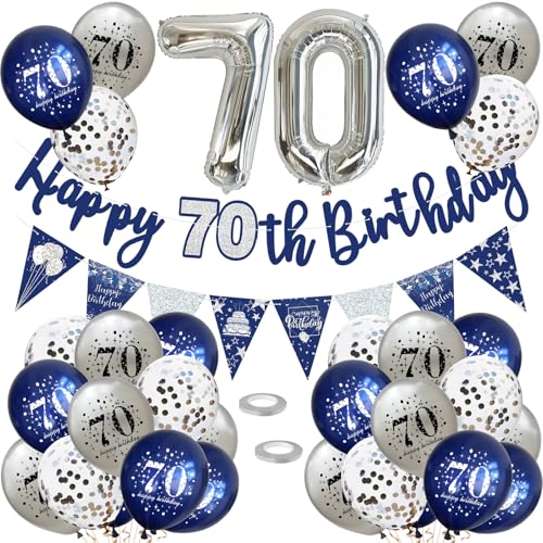 70. Geburtstag Dekoration Set - Luftballons, Happy Birthday Girlande, Konfetti - Nacht Blau Silber Deko für Frauen und Männer - Party Supplies von VUCDXOP