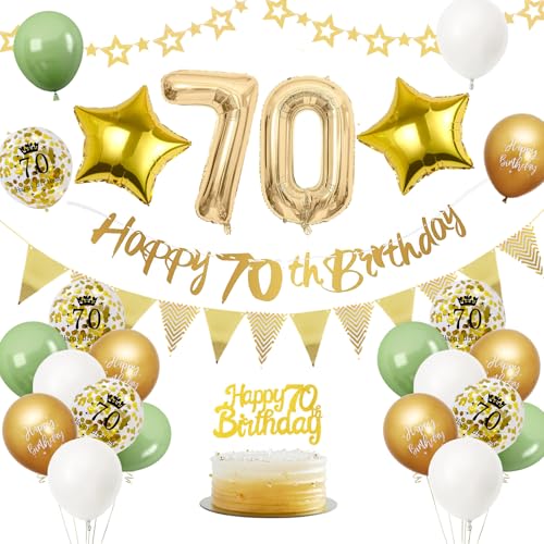 70. Geburtstag Deko Salbeigrüne, Luftballon Deko 70. Geburtstag Frau Mann, Geburtstagsdeko 70 Jahr, Gold Folienballon 70, Grün Weiß Gold Luftballons 70 Jahr mit Banner Tortendeko für Party Dekoration von VUCDXOP