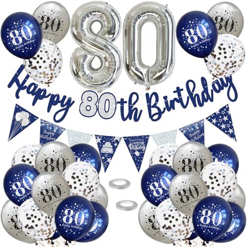 80 Geburtstag Luftballons Dekoration Set, Happy Birthday Girlande, Konfetti, Nacht Blau Silber Deko für Frauen Mann, Party Supplies von VUCDXOP