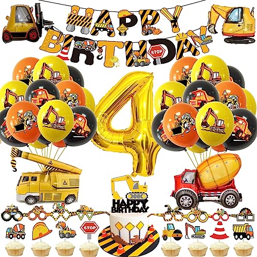 Bagger Geburtstag Deko Set 4 Jahre, VUCDXOP Baustelle Kindergeburtstag Party Dekoration, 4 Jahre Luftballons Geburtstag Deko, Bagger Kindergeburtstag Deko, Bagger Folienballon Geburtstagsdeko Jungen von VUCDXOP