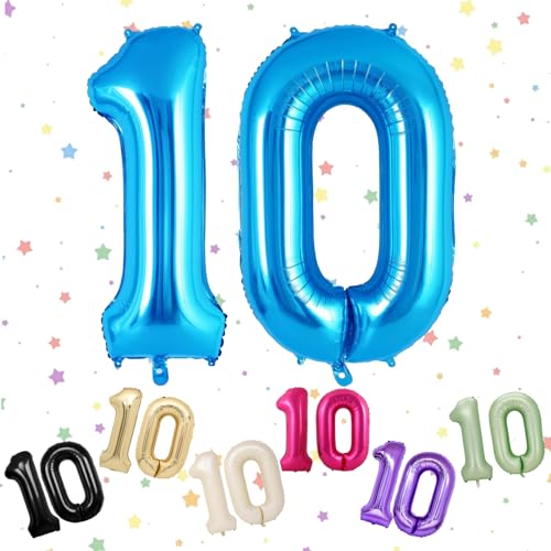 Ballon mit Zahl 10, Blau, 10 Zahlenballons, Helium-Folie, 101,6 cm, Luftballons Zahl 10, 10. Geburtstag, digitale Luftballons für 10. Geburtstag, Jahrestag, Party-Dekorationen von VUCDXOP
